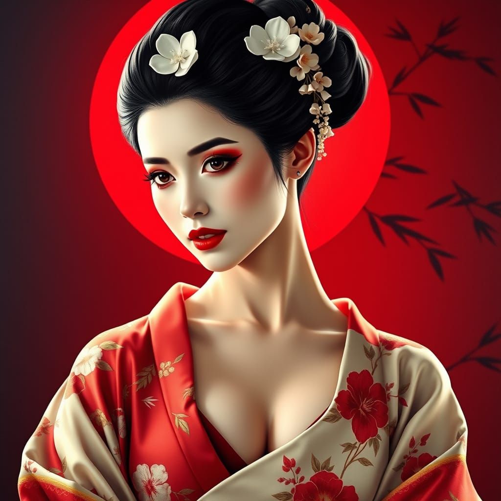 Elegant Geisha Portrait with Floral Ornament