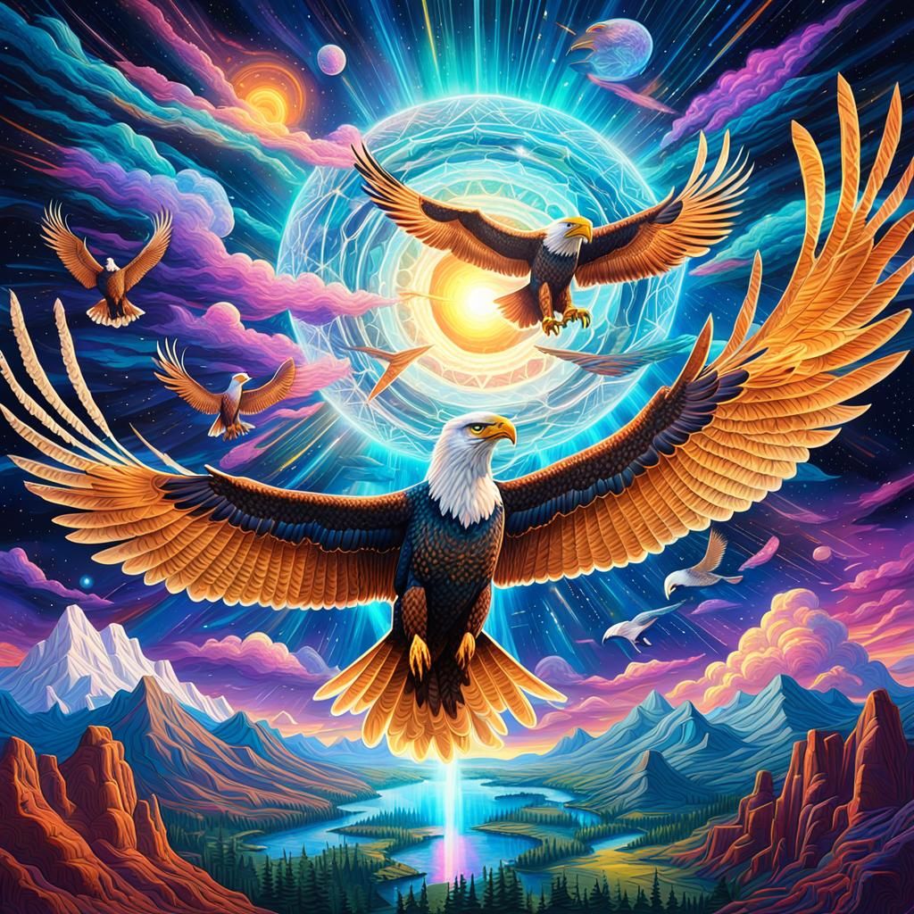 Eagles Soaring in Afternoon Sun: Cosmic Illustration