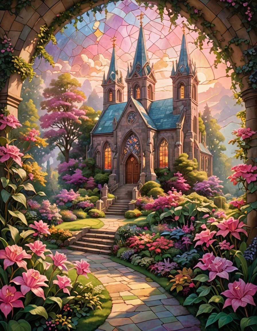 Pink Stained Glass Church in Ethereal Fantasy Style