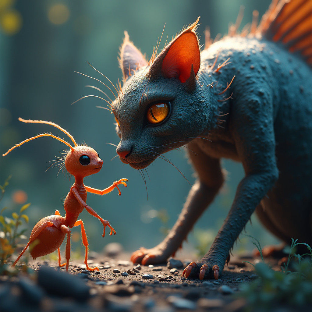 Ant Looks Up To Cat: Detailed Matte Painting