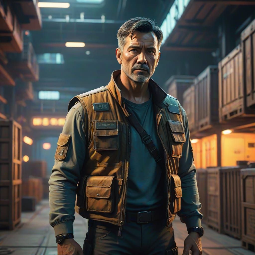 Confident Starport Figure in Dimly Lit Industrial Setting