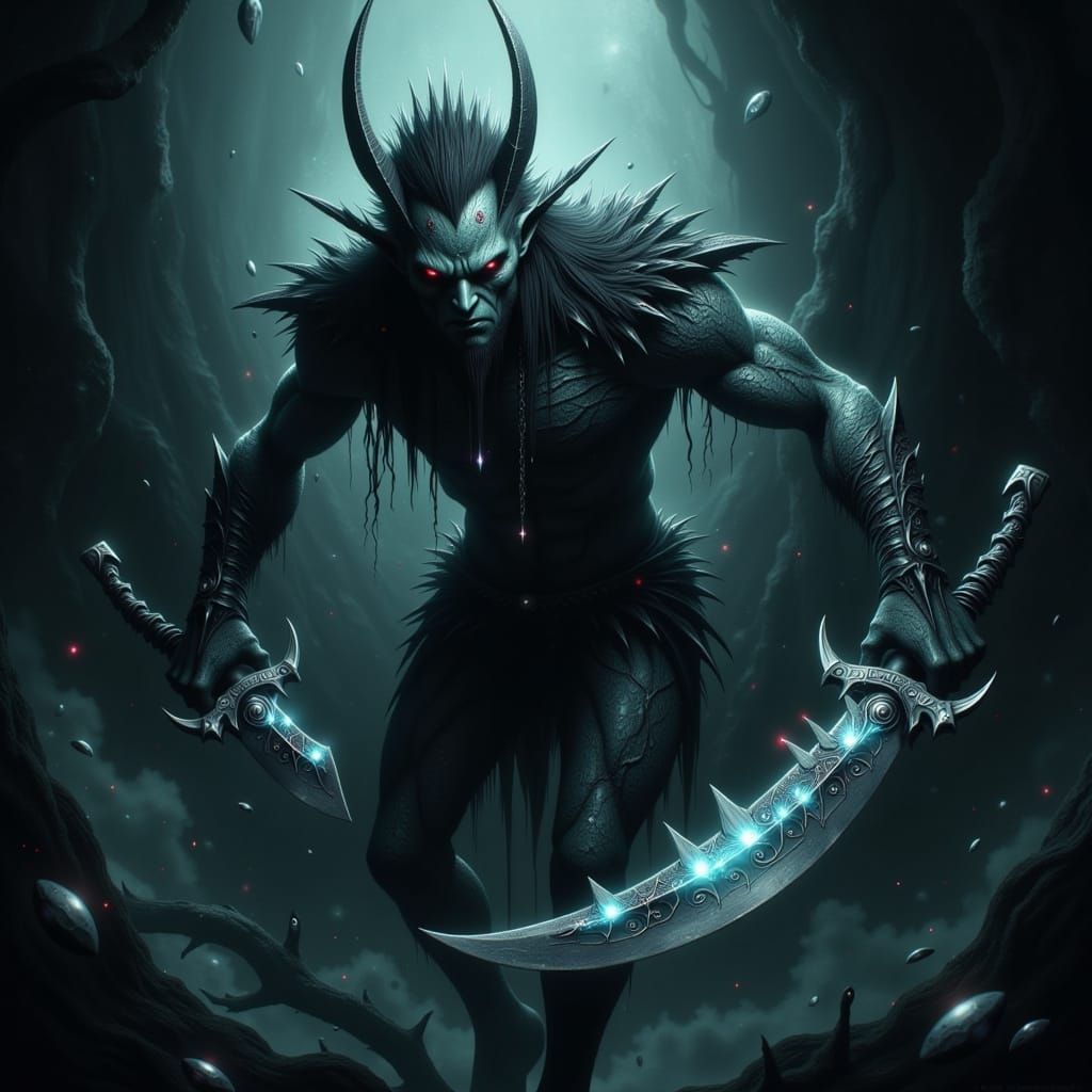 Mysterious Aquatic Warrior in Dark, Mottled Scales and Fins