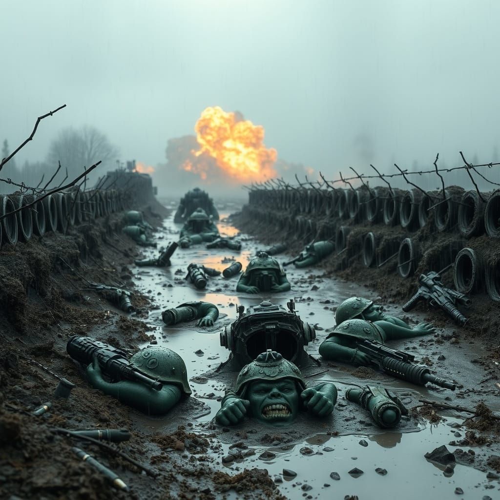 Warhammer 40k Orcs in Muddy Battlefield Trench