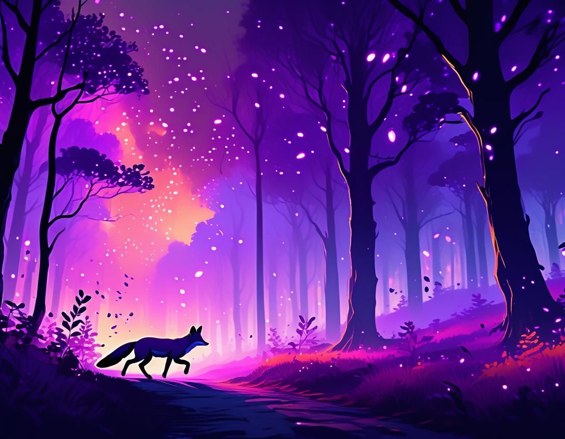 Fox Running Through a Magical Purple Forest