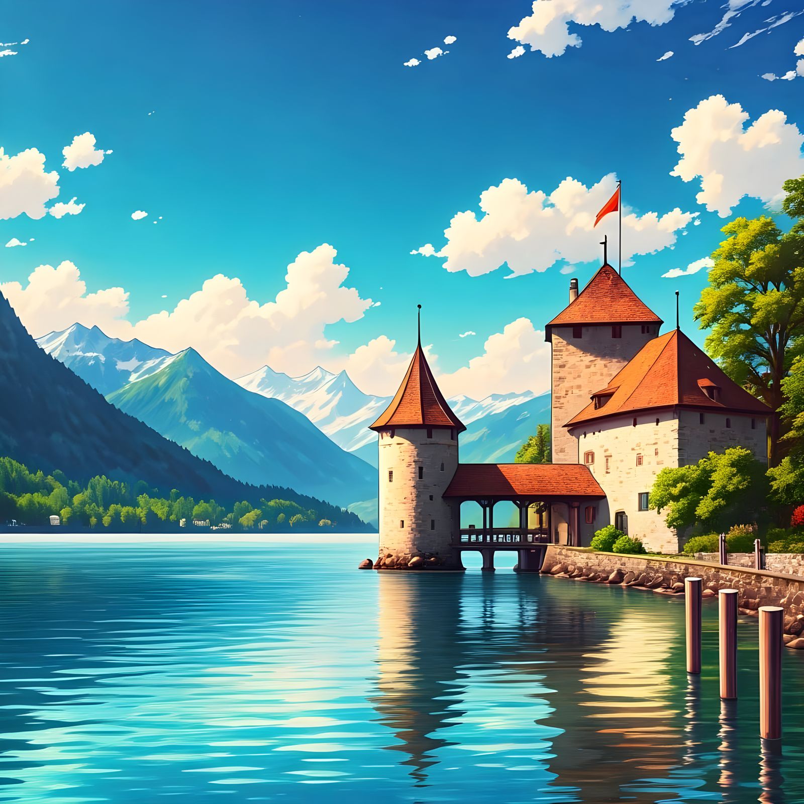 Fairytale Castle on Lake Thun in Switzerland, in Dreamy Anim...