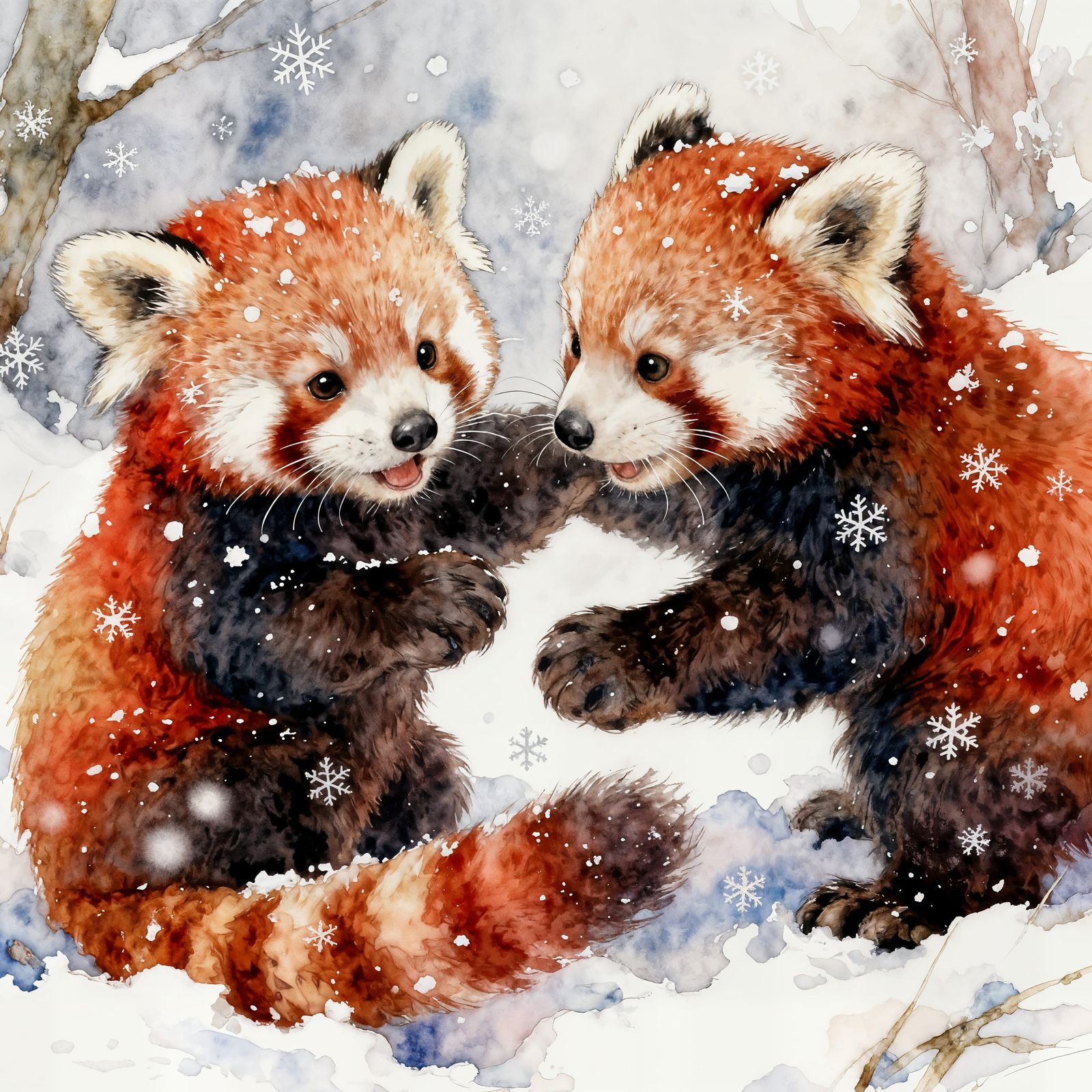 Adorable Baby Red Pandas Playing in Snow Watercolor Illustra...