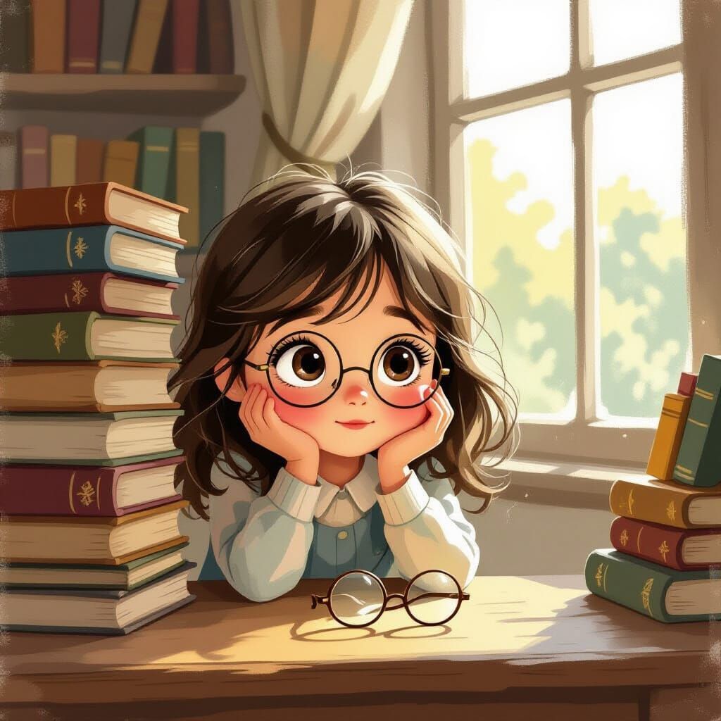 Shy Girl Reaching for Glasses in Storybook Style