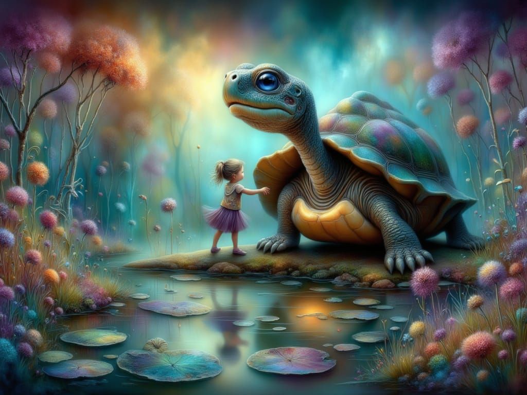 Whimsical Girl and Giant Turtle by Mystical Pond