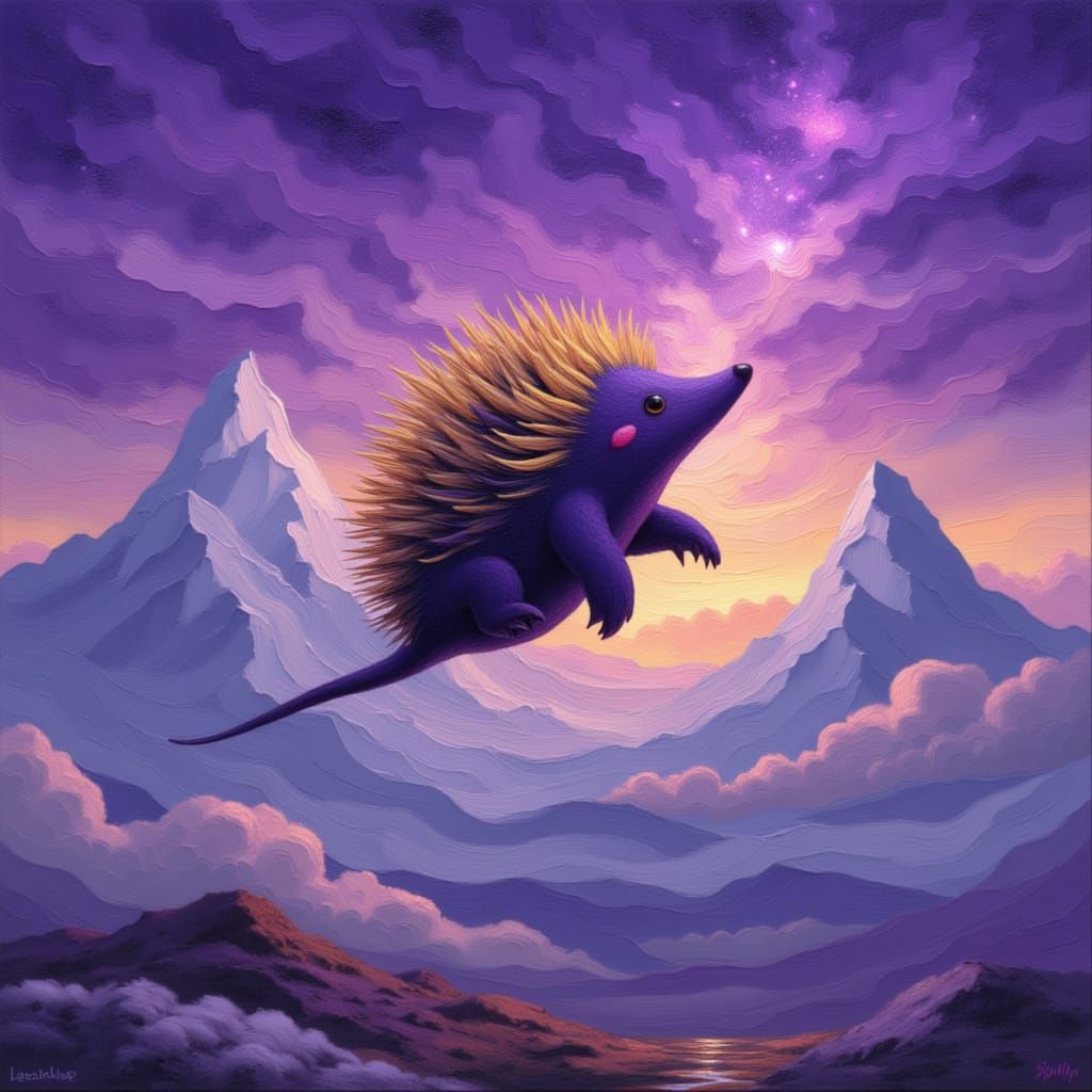 Charming Echidna Floats Over Snowy Mountains in Surreal Styl...