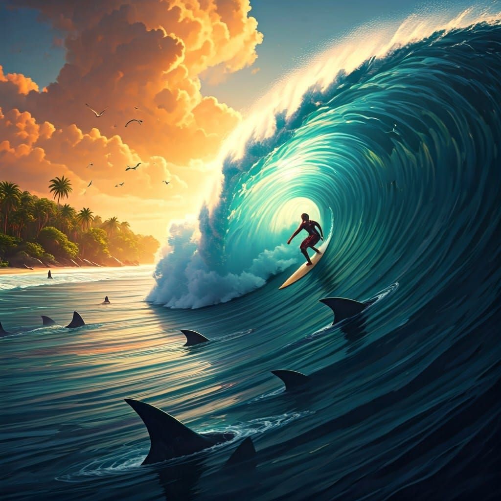 Surfer Rides Gargantuan Wave in Vibrant Tropical Paradise