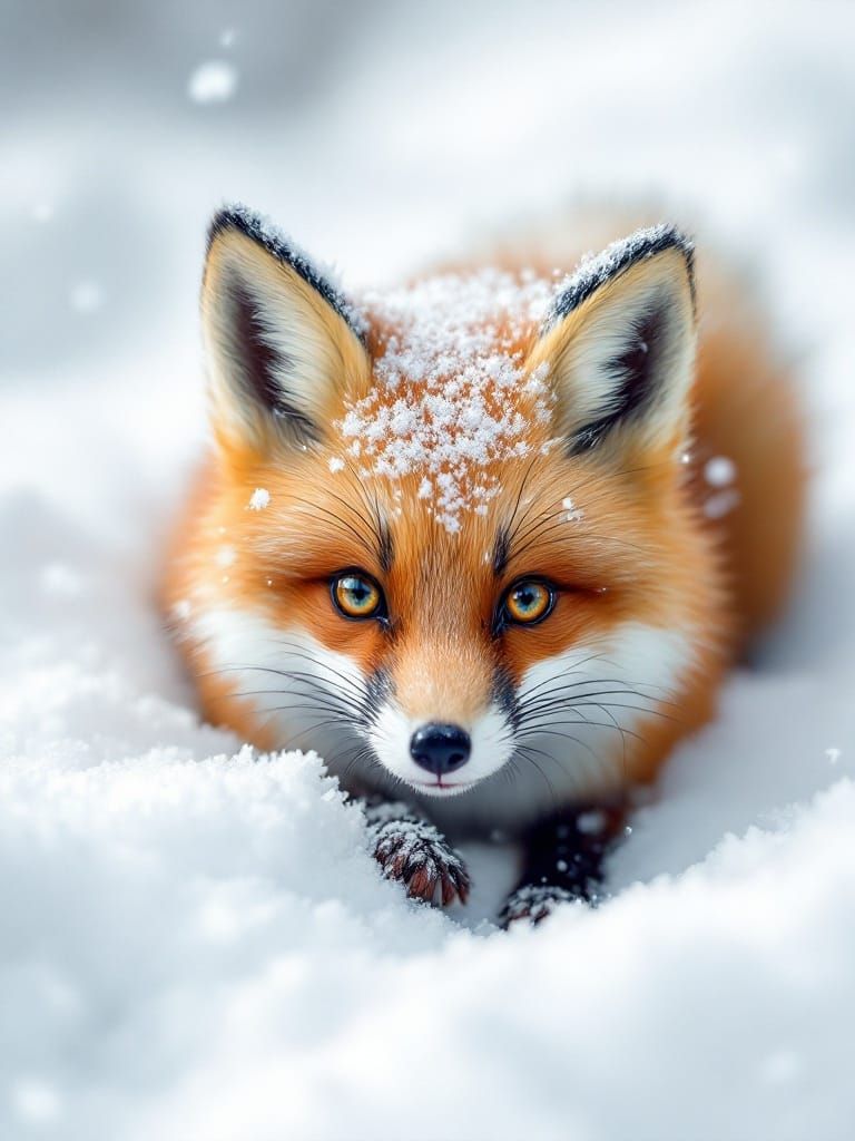 Tiny Fox Plays in Snowy Whimsy Scene