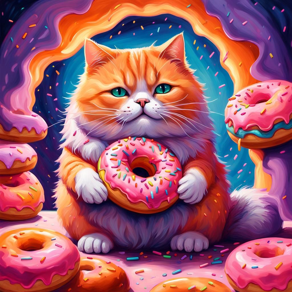Orange Cat Eats Pink Donut in Oil Painting