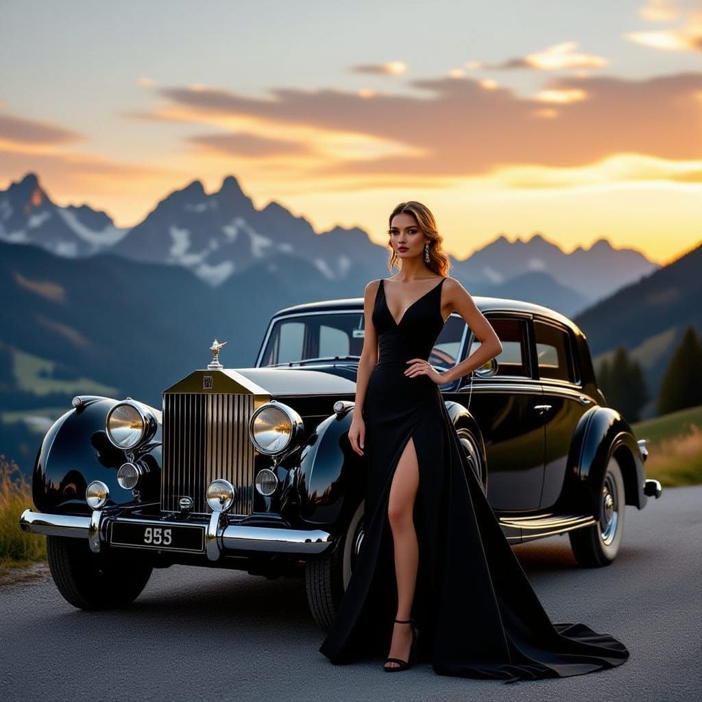 Elegant Woman Poses With Vintage Rolls-Royce in Alps