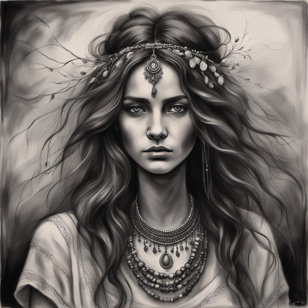 Bohemian Woman Charcoal Drawing with Jewelry