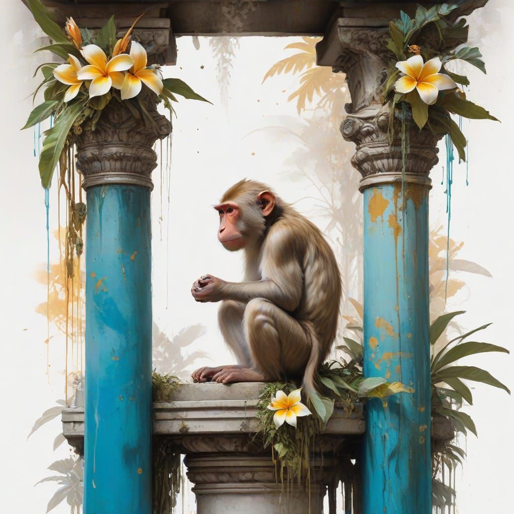 Lush Balinese Temple Scene with Playful Macaque