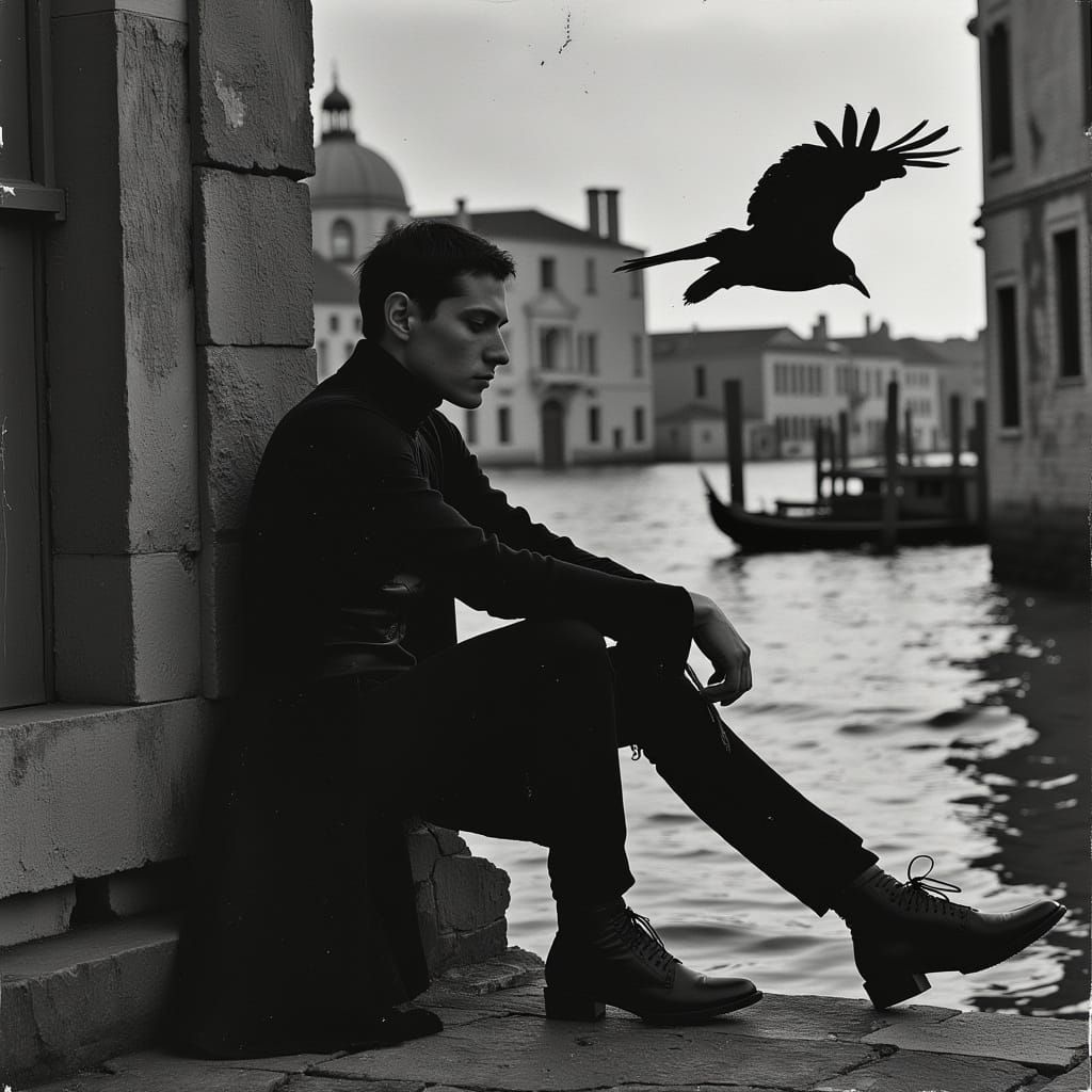 Confident Male Model in Avant-Garde Fashion, Venice Canal Sc...