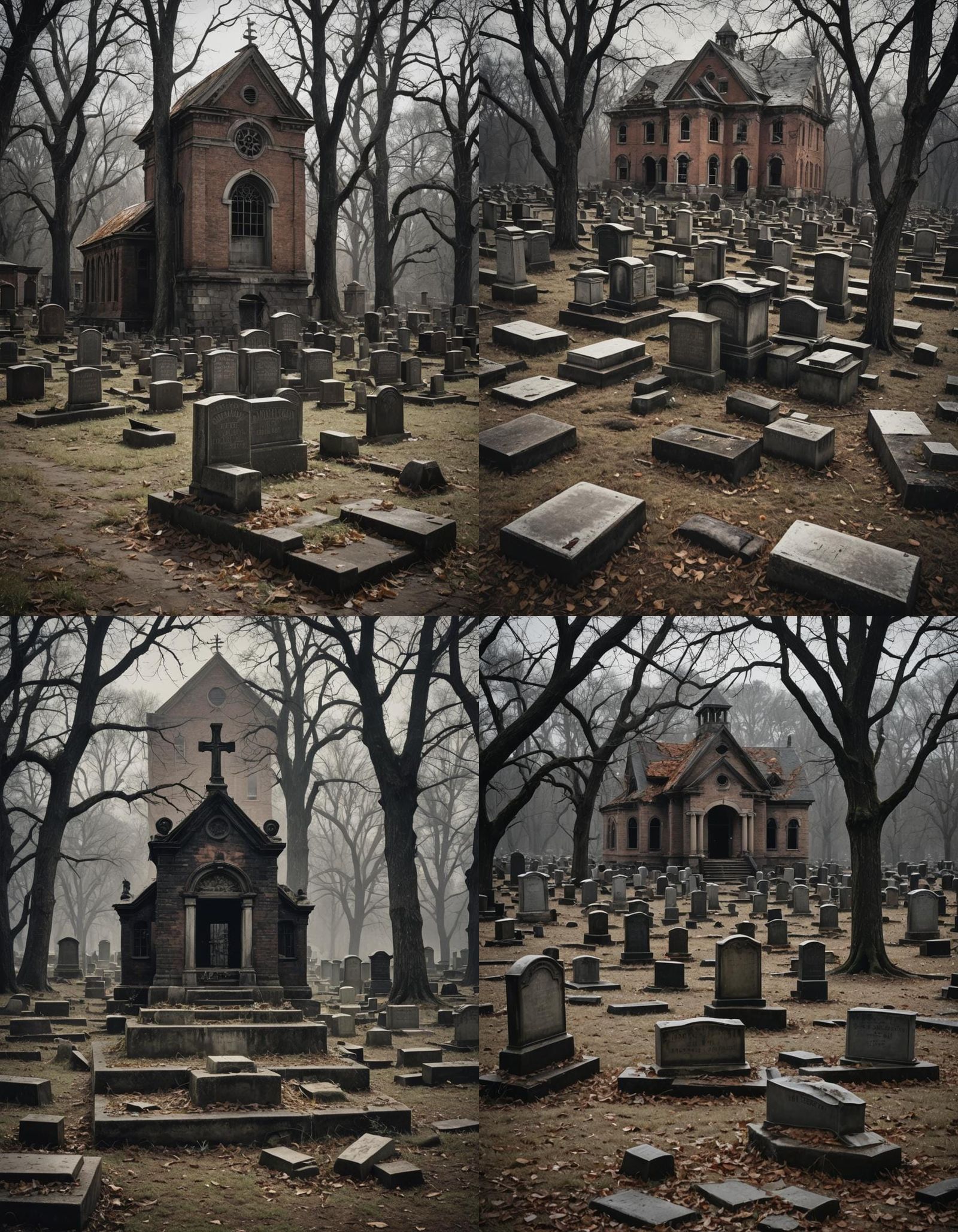 a cemetary at an old, abandoned mental asylum, the old asylum building nearby, decrepit and with a sinister, menacing ap...