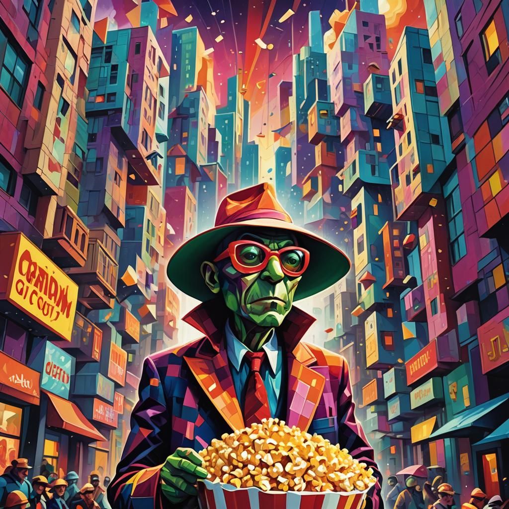 Cubist Film Still of Scary Terry in Futuristic City