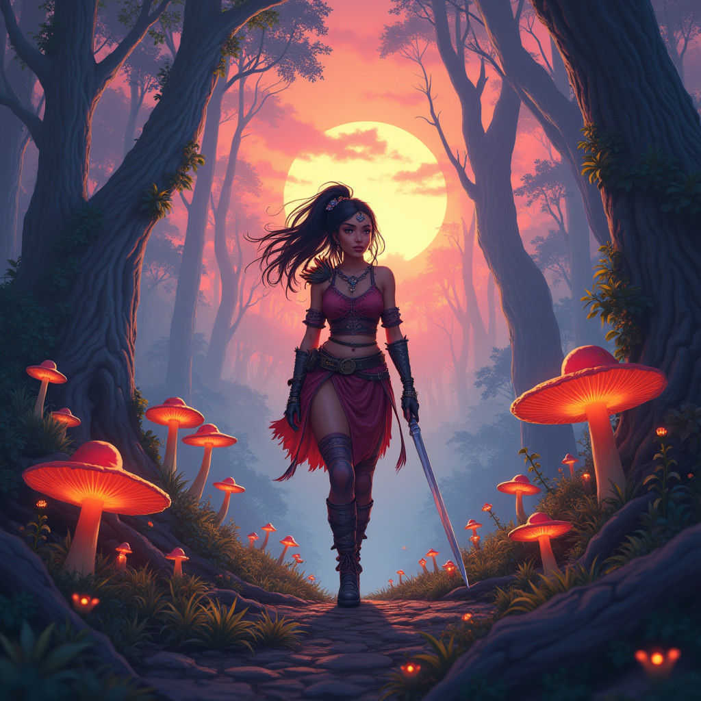 Heroic Warrior Woman in Mystical Forest