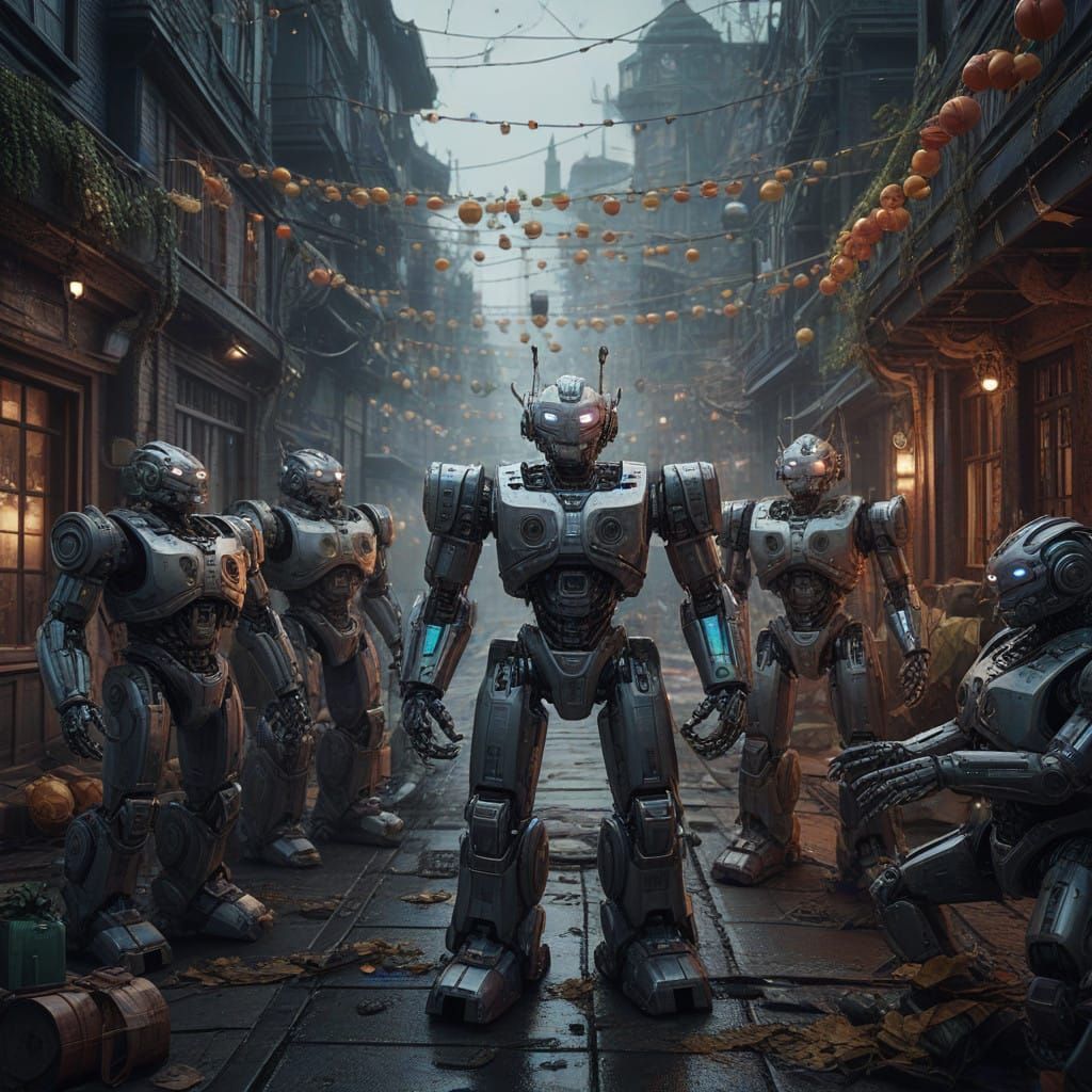 Robots Celebrate New Year in Vibrant Fantasy