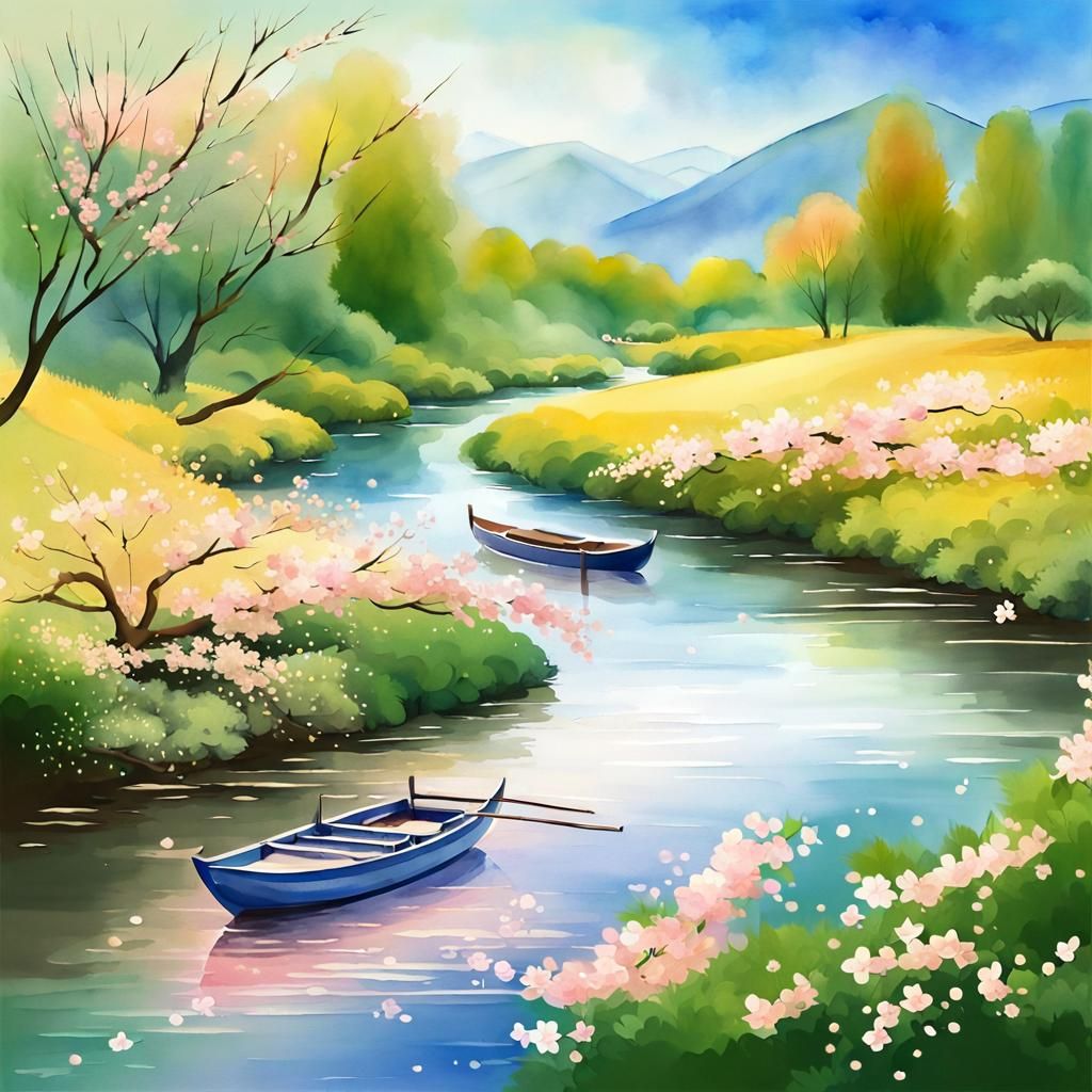 Japanese Cherry Blossoms in Watercolor Style