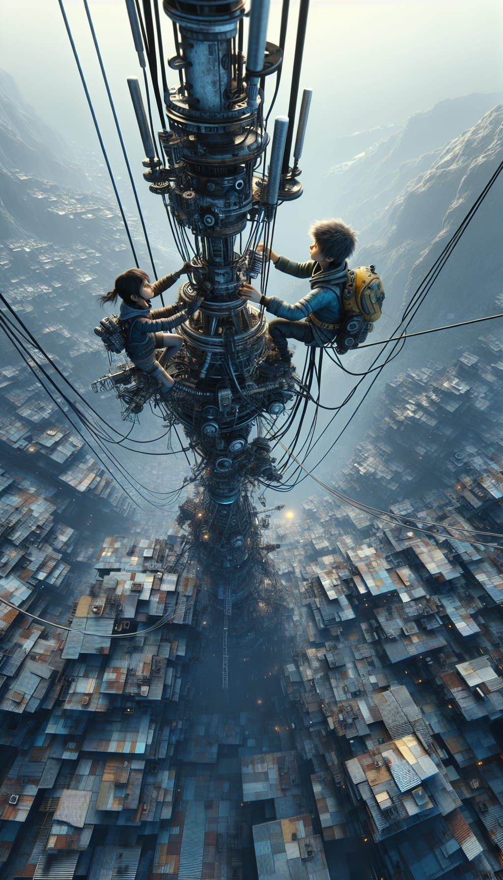 Street Urchins Climb Tower in Dieselpunk Cybernetic Style