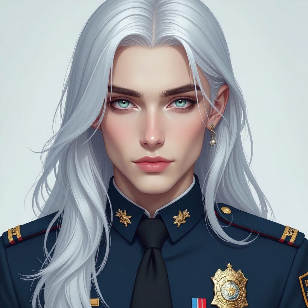 Androgynous Policeman with Silver Hair and Phoenix Eyes
