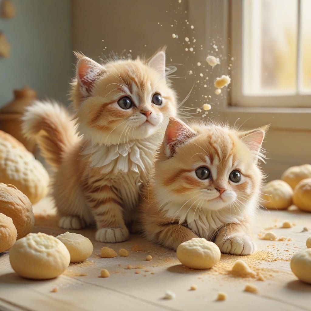 Whimsical Kittens Roll Dough in Watercolor Style