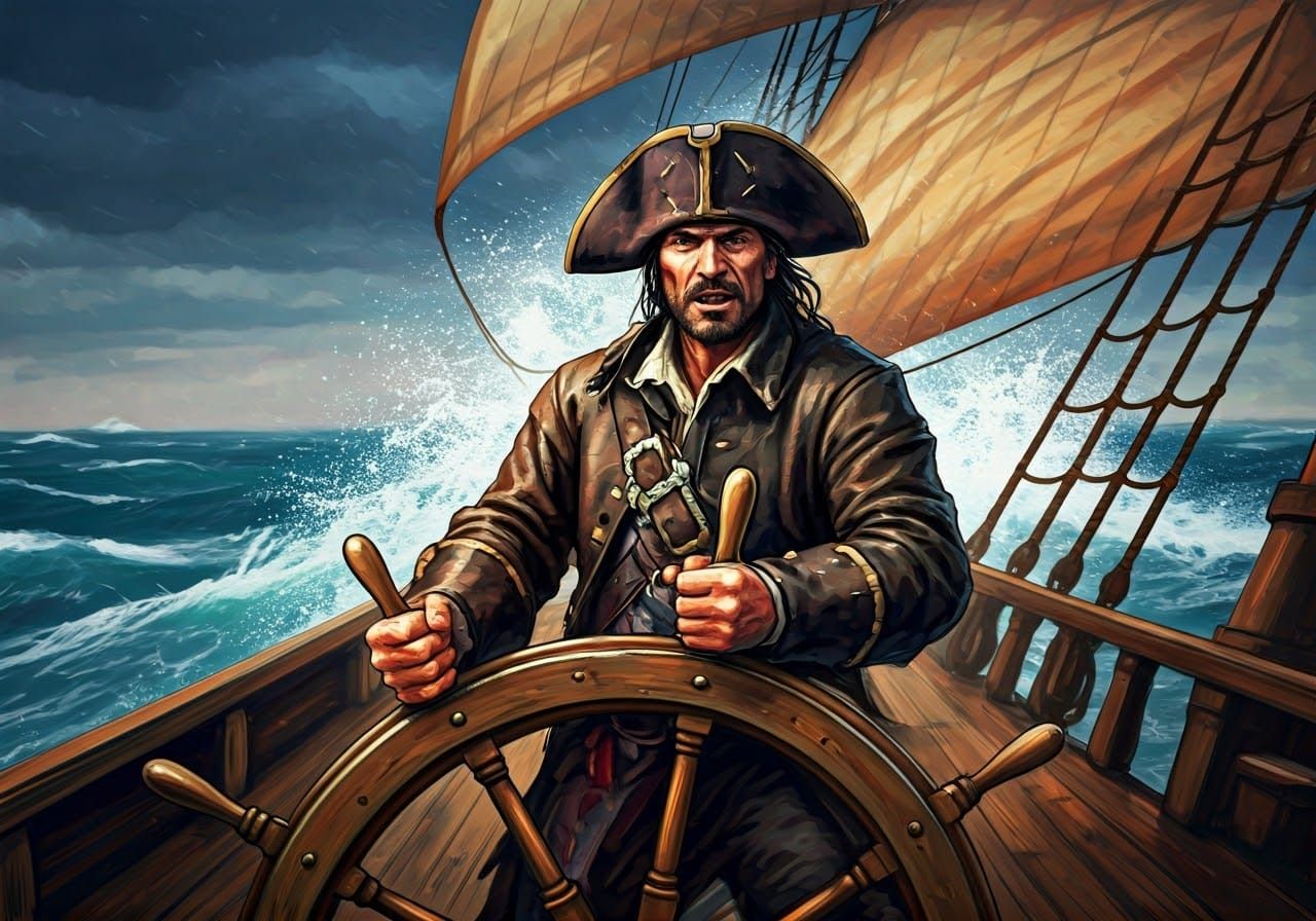Pirate Captain Navigates Storm: A Maritime Painting