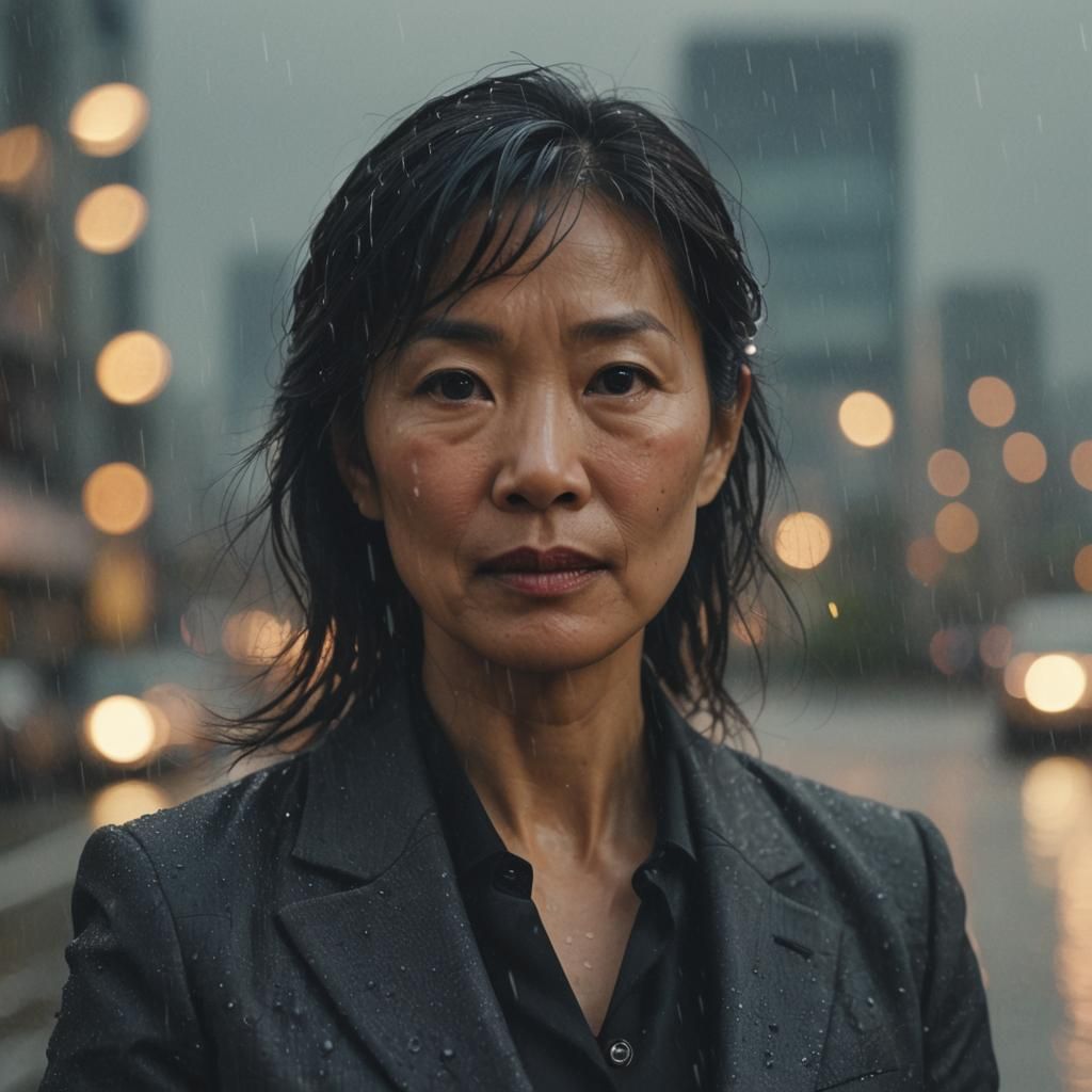 Mature Businesswoman in Rainy Cityscape, Cinematic Film Stil...