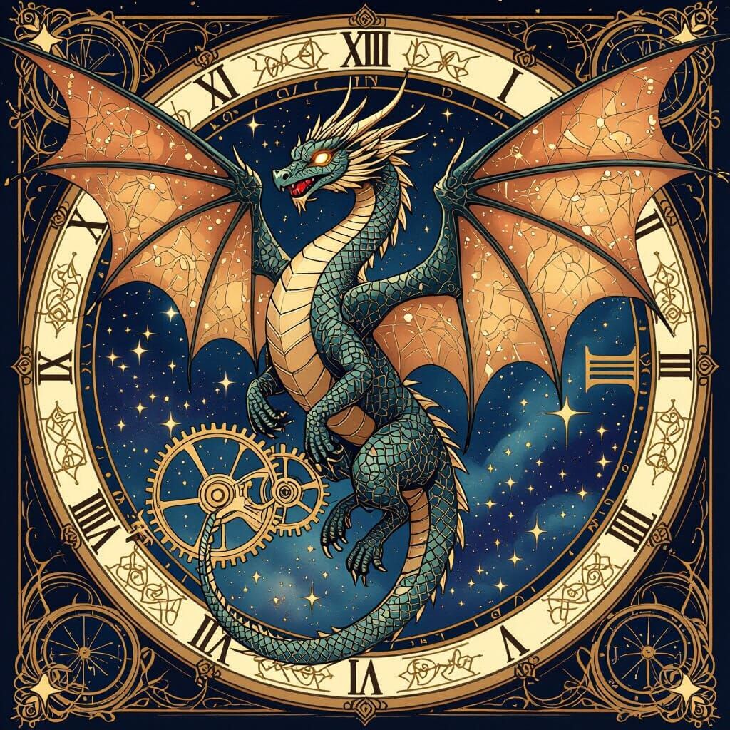 Clockwork Dragon Soaring Through Nebula in Art Nouveau Style