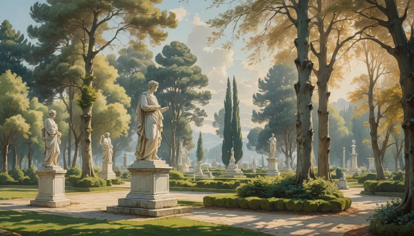 Neo-Classical Park with Roman Statues in Soft Light