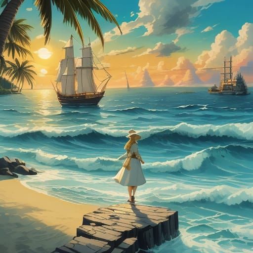 Tropical Beach Sunset with Girl in Animation Style