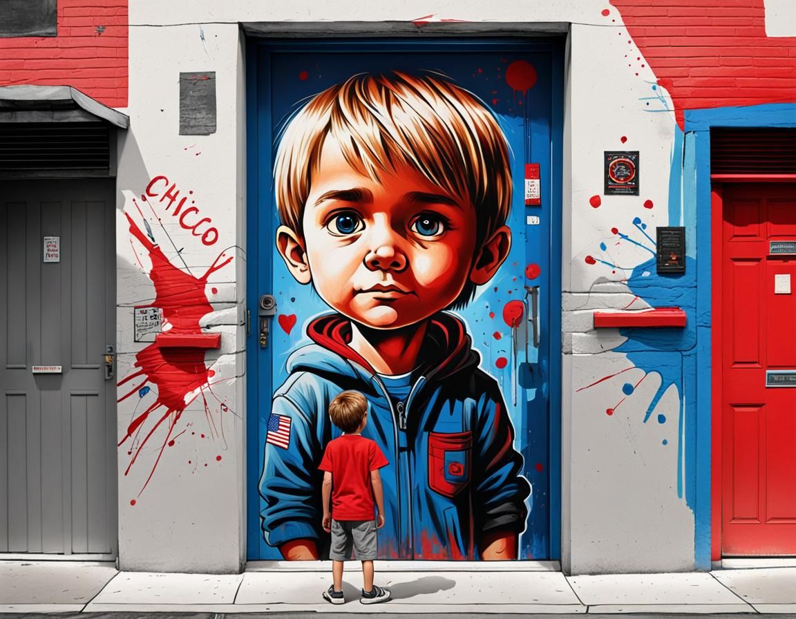 Boy Creating Street Art Door Sketch