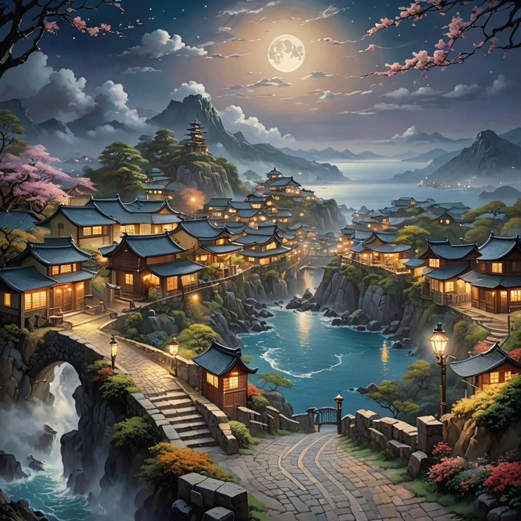 Ethereal Japanese Village on Cliff at Night
