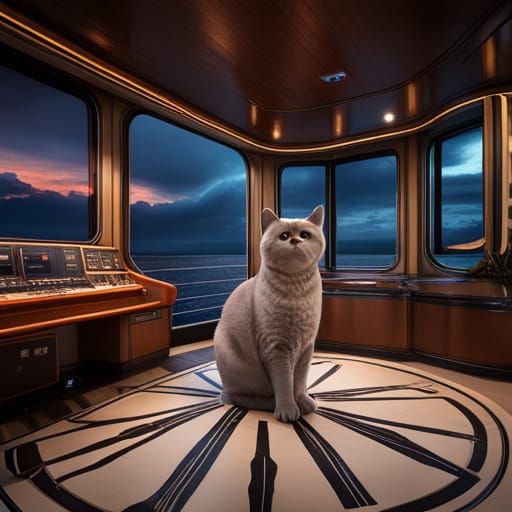 British Shorthair Cat on Cruise Ship in Detailed Art