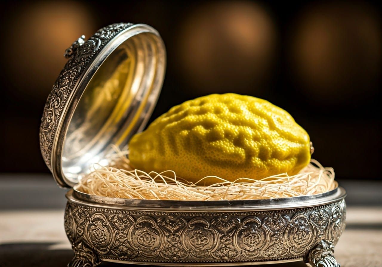 Elegant Silver Etrog Box with Yellow Etrog and Flax Cushion