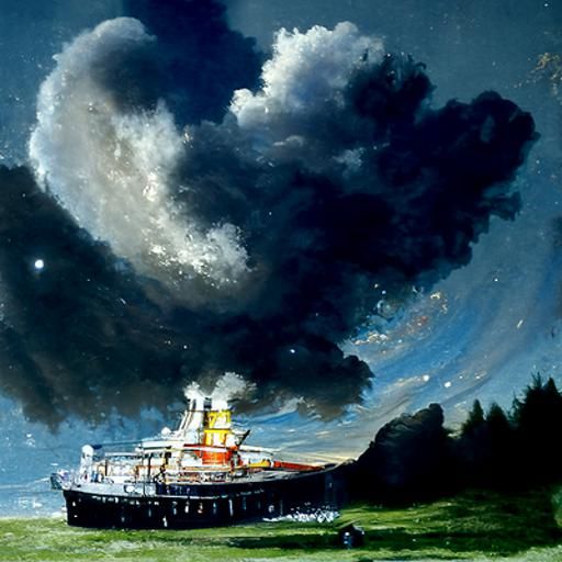 Steamship Emerges from Starry Clouds: Gurney-Style Oil Paint...