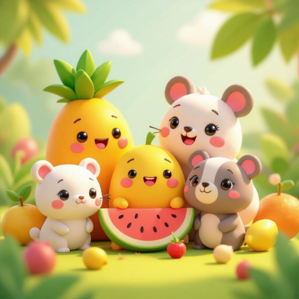 Cute Cartoon Fruits and Animals in 3D Style