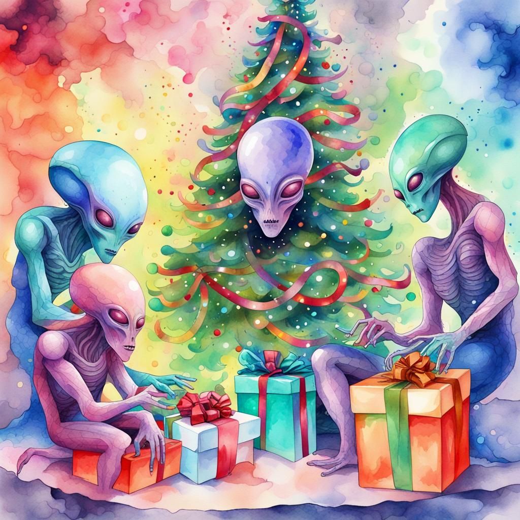 Aliens Celebrate Christmas: Vivid Watercolor Splatter Art