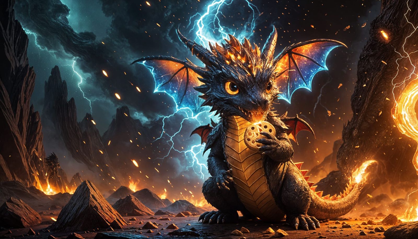 Cute Chibi Dragon Eating Cookies with Volumetric Lighting