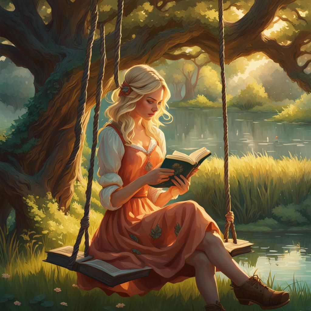 Woman on Swing Reading Book, Hyperdetailed Art