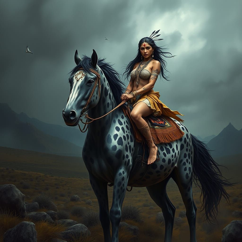 Mystical Warrior on Appaloosa Horse in Tribal-Inspired Regal...
