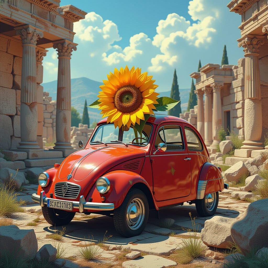 Sunflower in Time-Traveling Car, Alphonse Mucha Style