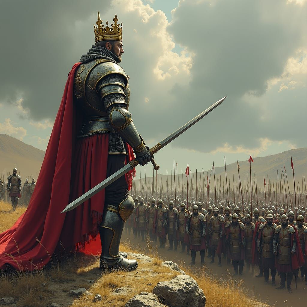 Medieval King Commands Army in Dark Fantasy Style