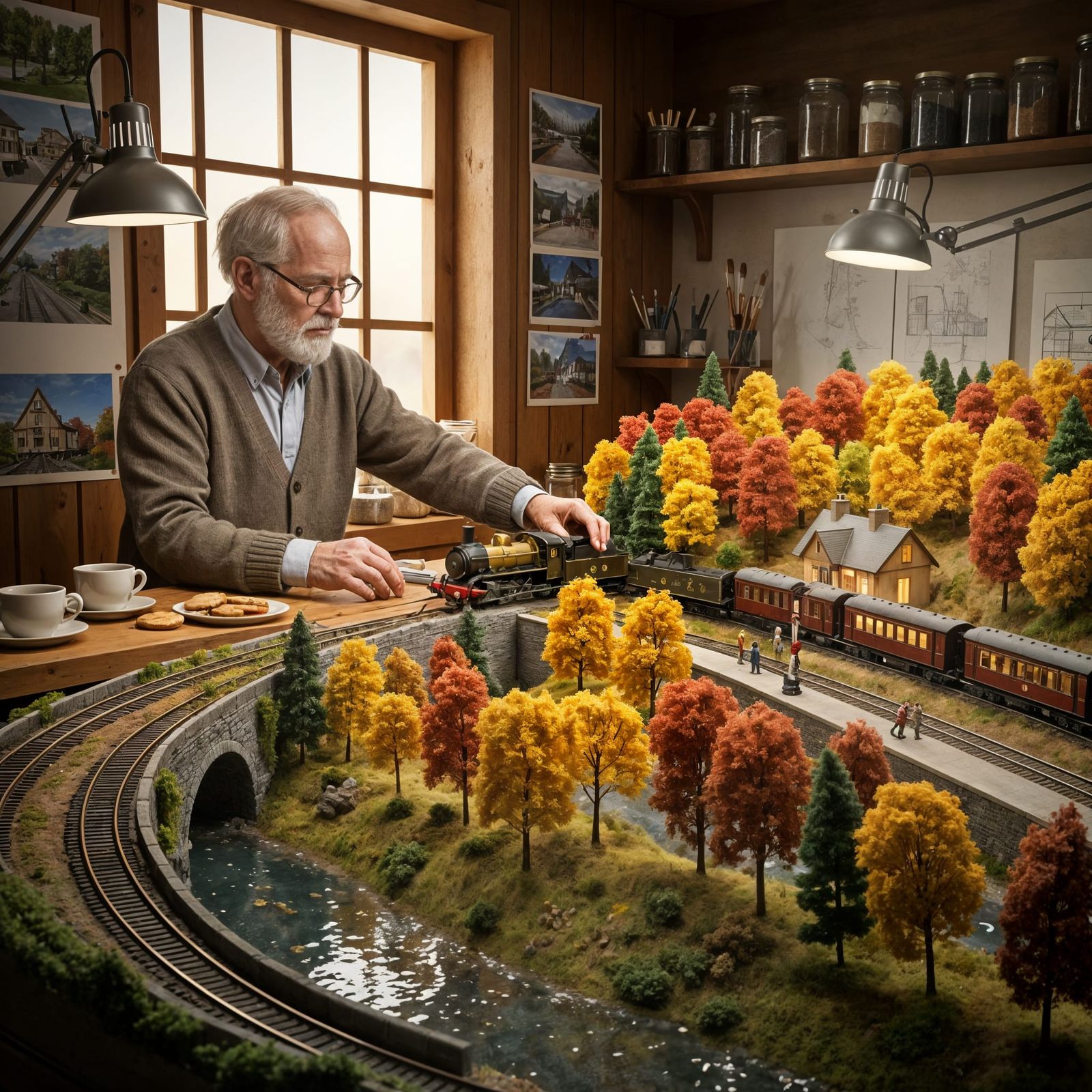 Elderly Man Adjusts Model Train in Autumn Workshop