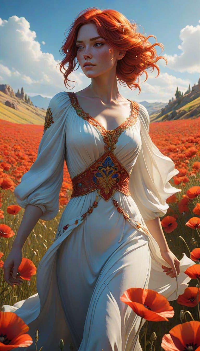 Vibrant Female Concept Art in a Field of Poppies