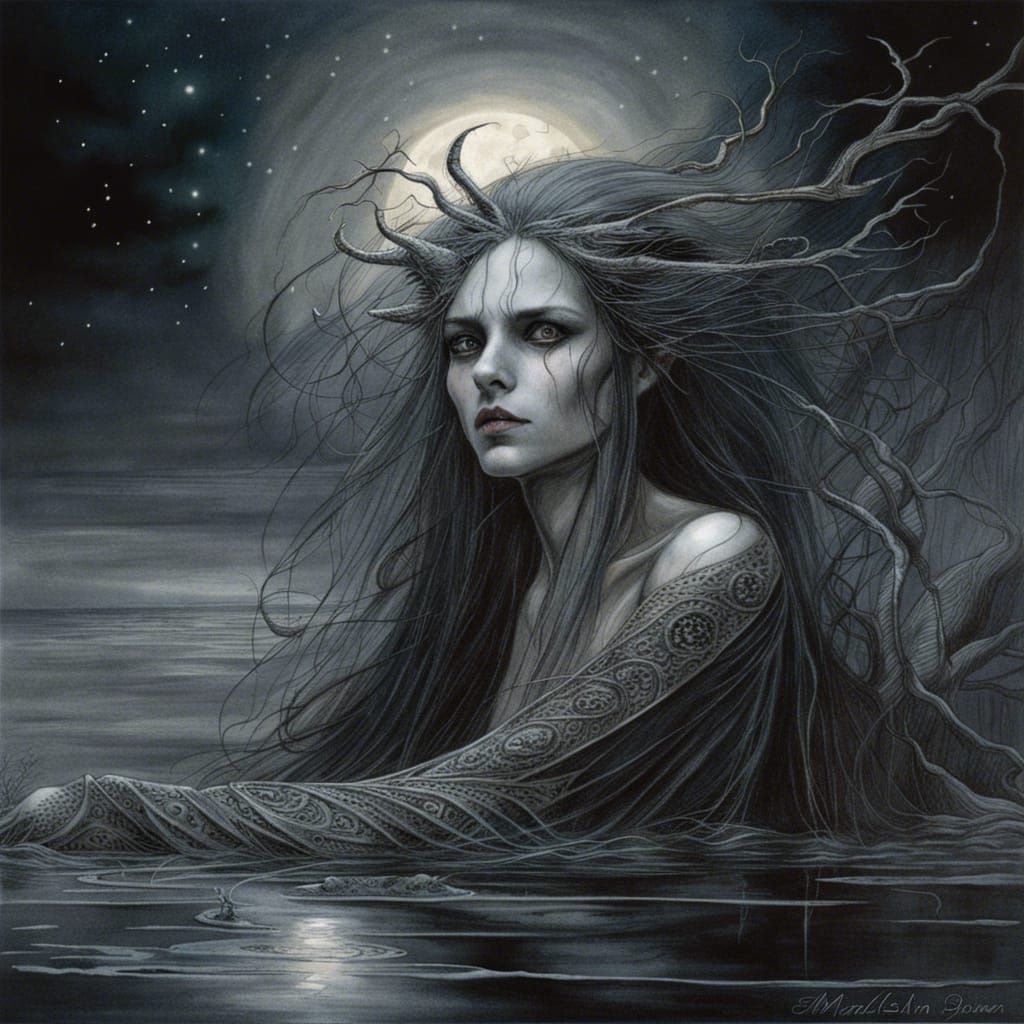 Demonic Banshee by Magic Lake Under Moonlight