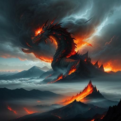 Fire Dragon Devouring Blazing Sun in Digital Painting