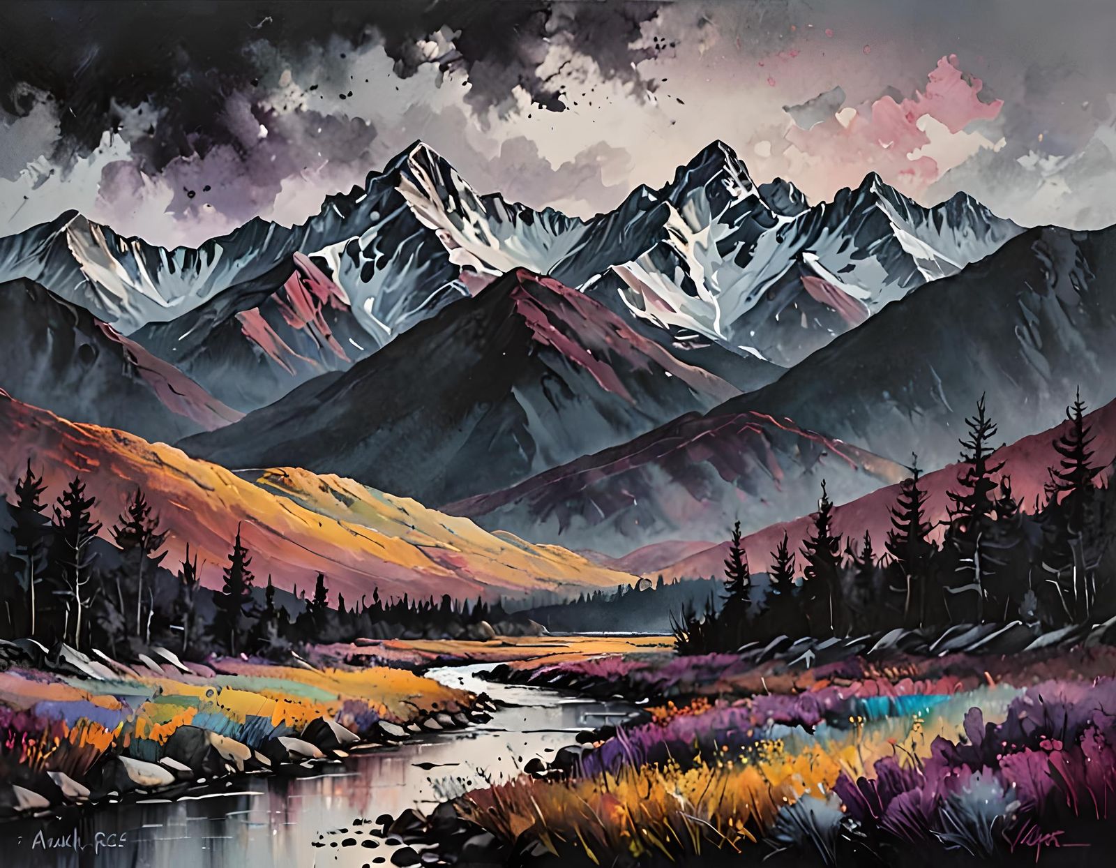Surreal Pastel Mountains in Moody Oil Painting